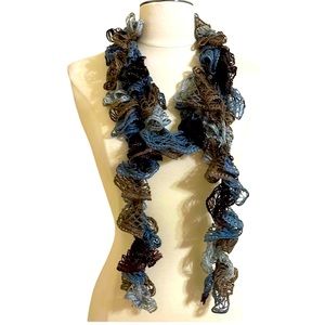 ARTSY OOAK Crochet Ruffle Scarf Gray Blue Brown